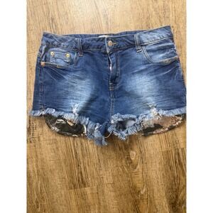 Love Tree Denim Sequin Camo Distressed Shorts Medium Wash Blue Womens Size M